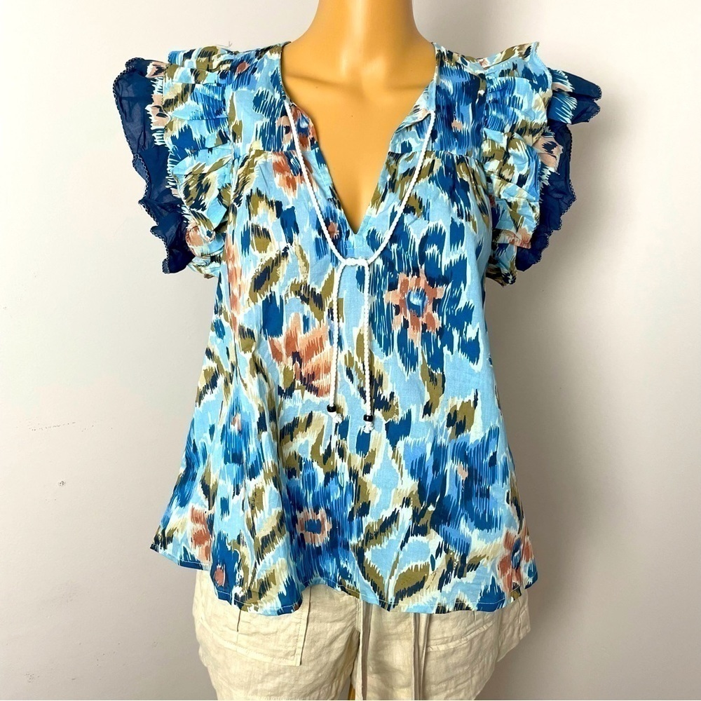 House of Harlow 1960 NWT Blue & Tan V-Neck Blouse with Neck Tie – Size Small